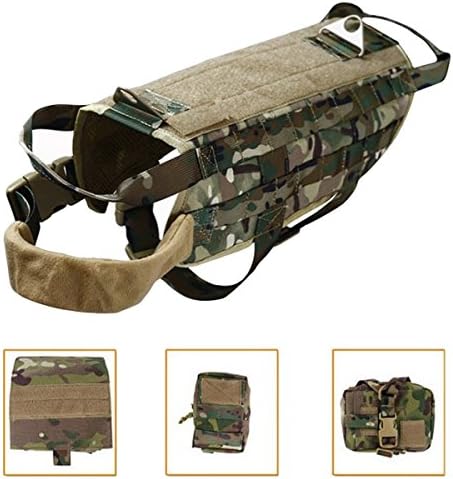 Outdoor 1000D Nylon Dog Training Molle Vest Hunting Combat Harness Durable Adjustable Dog Multifunction Vest With 3 Aid Pouches (Camouflage)