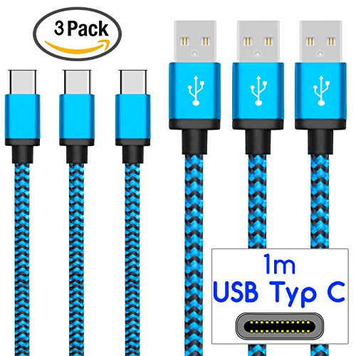 Original COVERLOUNGE - Nylon USB Typ C Kabel [3-Pack] / Datenkabel / Ladekabel [2.1 A] für alle Huawei Smartphones mit USB Typ C Anschluss | Farbe: Blau | Länge: 1 Meter / 1m