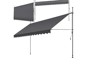 tectake Garden Patio Retractable Awning, Manual with Hand crank, Sun shade Canopy with UV and Rain Resistance, Clamp System with No Drilling Required - black/grey