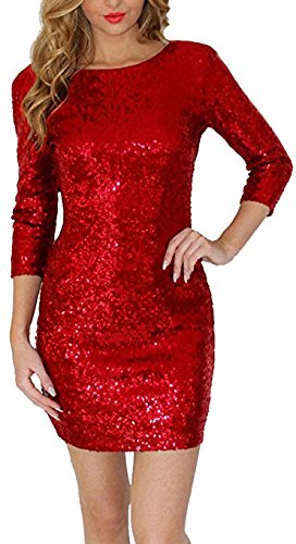 BAINASIQI Damen Sexy Paillettenkleid Minikleid Kurz Cocktailkleid Partykleid Abendkleid mit Rückenfrei V-Ausschnitt Design (Rot, XL) - 2