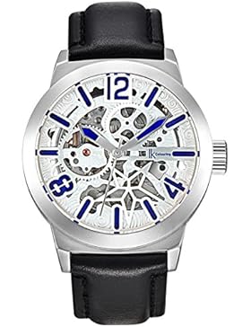 Alienwork mechanische Automatik Armbanduhr Skelett Automatikuhr Uhr Herren Uhren Leder weiss schwarz K003A2S-01