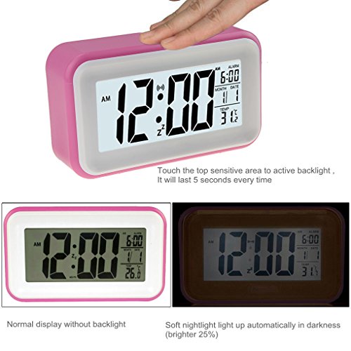 Greeney Digitale Wecker Uhren Mit Großes Bildschirm und Smart-Touch Control, Temperaturanzeige, Kalender, 24/12 Stunden-Umwandlung, Aufsteigende Alarm, Sensor-Hintergrundbeleuchtung, Praktische Snooze / Licht Funktion Ultra Lautlos ROSA - 3