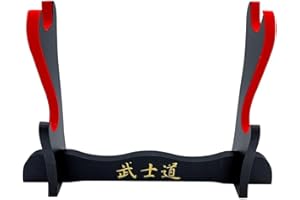 Glac Store® Support présentoir piédestal support de table pour Katana Samouraï en bois avec inscriptions japonaises 2 places ornées de velours rouge dans la partie d'appui robuste