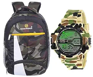 Good Friends canvas and polyester Waterproof, Laptop College School Bag for Boys + Digital Watches Combo (Military Yellow)