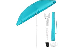 Sekey 1.8m Beach Umbrella with Ground Spike, Umbrella Cover & Hook, Stable Parasol with Eight Ribs for Balcony, Garden, Patio. Tilt Angle and Height Adjustable, Round Sun Protection UPF 50+, Lake Blue