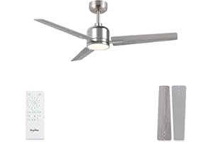 Newday Deckenventilatoren Nickel Gebürstet, 107cm Deckenventilator Silber mit Beleuchtung Dimmbar und Fernbedienung Leise, Ventilator Decke Reversibel mit 3 Flügel 3 Timer für Schlafzimmer Wohnzimmer