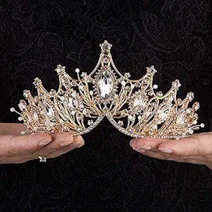 Crownguide Elegant Baroque Wedding Tiaras Crowns for Women Bride Crystal Pearls Queen Crowns Bridal Headpiece Princess Hair Accessories Rose Gold