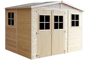 Casa da giardino in legno naturale CON PAVIMENTO IMPREGNATO A226x216x324 cm/6 m²- Magazzino esterno con finestre - Capanno da giardino - Bici, Deposito attrezzi e rimessa TIMBELA M334+M334G