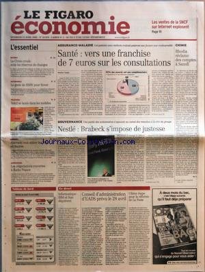 FIGARO ECONOMIE (LE) [No 18878] du 15/04/2005 - LES VENTES DE LA SNCF SUR INTERNET EXPLOSENT DEVISES - LA CHINE CROULE SOUS LES RESERVES DE CHANGES - AUTOMOBILE - LE GESTE DE BMW POUR ROVER - TELECOMS - TELE2 SE LANCE DANS LES MOBILES - MARCHES - ALTERNEXT VEUT ATTIRER LES PME EN BOURSE - AUDIOVISUEL - LES NEGOCIATIONS ROUVERTES A RADIO FRANCE SANTE - VERS UNE FRANCHISE DE 7 EUROS SUR LES CONSULTATIONS NESTLE - BRABECK S'IMPOSE DE JUSTESSE CHIMIE - RHODIA RECLAME DES COMPTES gratuit