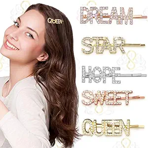 Sanas 5 Pc Side Pins Words Letters Hair Clips, for Women Girls, Artificial Stones Rhinestones Words Hair Pins Clips Barrette Fancy Bobby Pins Hair Accessory (Colors May Vary) ? Pack of 5Pc