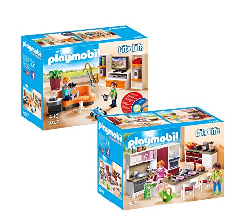 Playmobil City Life Set en 2 parties 9267 9269 Soggiorno con mobile TV + Grande Cucina Attrezzata