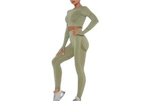 OEAK Conjunto Deportiva para Mujer 2 Piezas Top de Manga Larga de Running Leggings de Cintura Alta de Yoga Sin Costuras Traje para Yoga Gimnasio