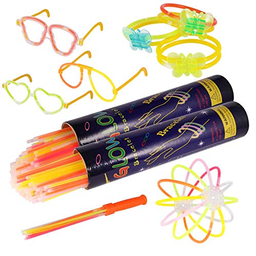 Beverly-op Pulseras Luminosas, Pack de 200 Pulseras Fluorescentes Glow Pack, Varitas Luminosas para Fiestas 20 cm - Pulseras, Collares, Kits para Crear Gafas