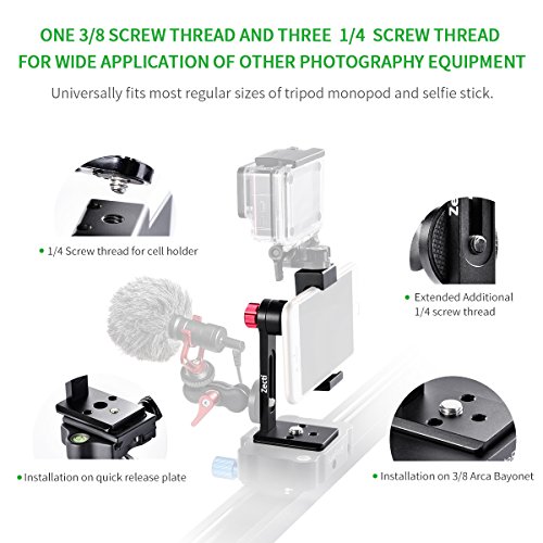 Zecti Supporto Treppiede per Cellulare, Adattatore Supporti Sostegno Smartphone in Alluminio CNC per Apple iPhone 7 Plus/Samsung/Galaxy S8+/Nexus, Supporto da Tavolo e per Treppiede, Monopiede e Sostegni Scorrevoli per Videocamera