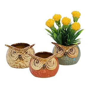 Aapno Rajasthan Tayhaa Multicolor Owl Design Ceramic Pot (Standard Size) - Set of 3