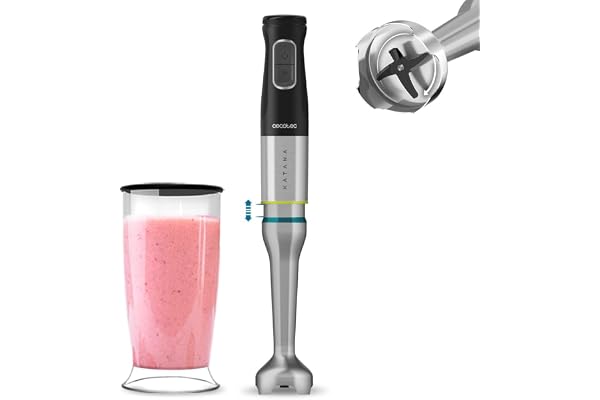 Cecotec Katana TotalDestroy 1200XL GY. Mixeur plongeant, 1200 W, 21 vitesses et Turbo, 4 lames en titane noir, Protection contre les éclaboussures, Pied extra-long, gobelet de 800 ml