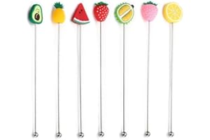 Ppmter 7 Pcs Cocktail Stirrers for Drinks Reusable Coffee Stirrers, Cute Fruit Stirring Sticks Stainless Steel Swizzle Sticks for Coffee Bar