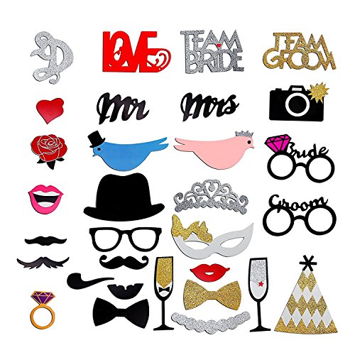 31 Stück teilig Fotorequisiten Hochzeit wedding Photo Booth Requisiten Dekorationen Photo Booth Requisiten Valentinstag Verkleidung Karneval Fasching Brillen Brille Team Groom Team Bride Sekt Champagner Mr & Mrs Ringe Lippen Rosen Herz Krone Maske Masken