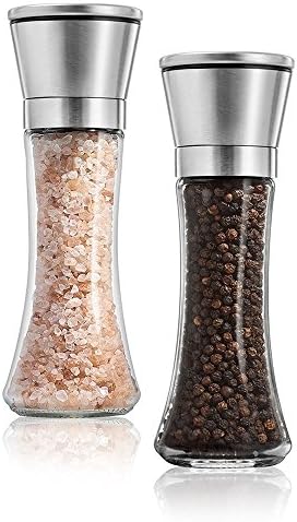 Salt and Pepper Grinder Set, Jechery Premium Stainless Steel Adjustable Ceramic Sea Salt Grinder &amp; Pepper Grinder - Tall Glass Salt and Pepper Shakers - Pepper Mill &amp; Salt Mill