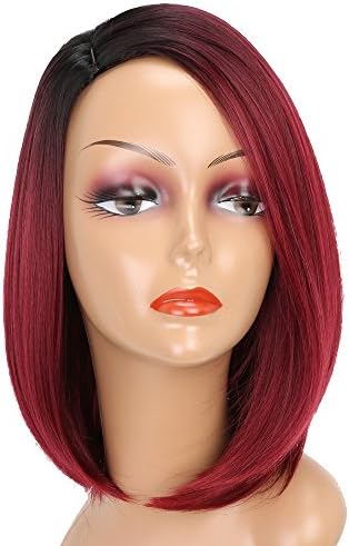 DSY Synthetic Heat Resistant Fiber Straight Wig Fashion Wine Red Bob Wigs Ombre Color Black To Red Wigs for Women(Size:13inch,Color:Wine Red)