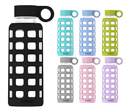 Purifyou Verre Bouteille d'eau avec manches en silicone et couvercle en acier inoxydable Insert, noir profond, 22 oz