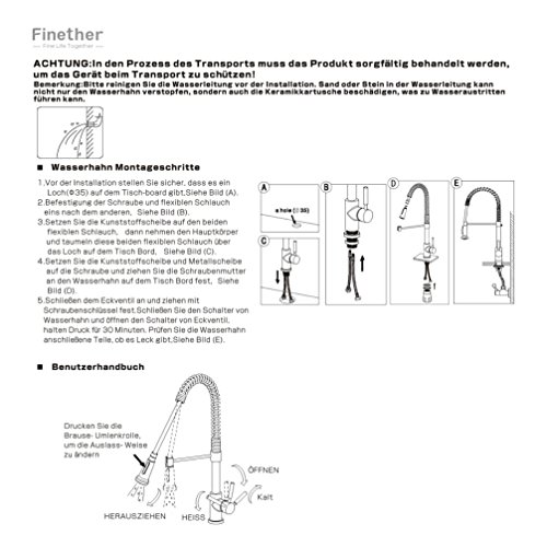 Finether Küchenarmatur Spülarmatur Spültischarmatur mit Brause ausziehbar flexibel Wasserhahn Armatur Einhebelmischer Mischbatterie Spiralfederarmatur für Küche Küchenspüle Spülbecken aus massivem Messing chrom spiralfeder 528mm hoch - 7