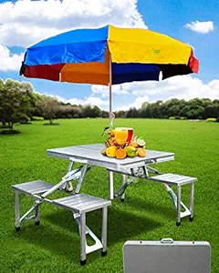 PANTH Outdoor Furniture Portable Aluminum Alloy Picnic Table with Four Seats Fold Occasional Beach Chair Table, Leisure Chair with Umbrella