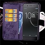 LEMORRY Sony Xperia XZ Premium Hülle Tasche Leder Flip Cover Case Schutzhülle Slim Bumper Schutz Magnetisch Soft Beutel Haut Weich Silikon Cover Schale Mit Kreditkarten-Slot, Glücklicher Klee Violett - 