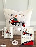 ALDIVO My Little Super Hero Printed Satin 12x12-inch Cushion Cover with Filler, Mug, Greeting Card and Key Ring Combo Pack