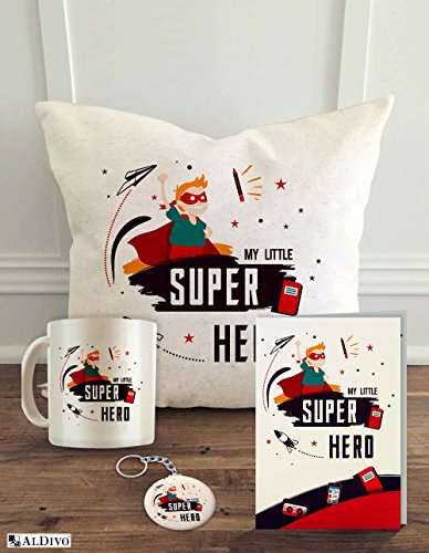 ALDIVO My Little Super Hero Printed Satin 12x12-inch Cushion Cover with Filler, Mug, Greeting Card and Key Ring Combo Pack