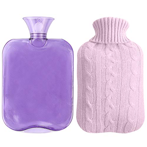 Bolsa de Agua Caliente, Aookey Goma Natural Bolsa de agua caliente, Tejida Caso Hecho Punto Bolsa Goma de Agua Caliente Botella con funda, 2 L(Púrpura)