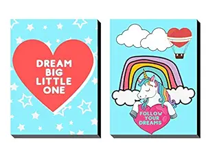 DecoDrama Unicorn Dream Big Quotes Framed Wall Painting, Wall Decor for Kids Room Decor, Multi Color, 12x9 inches Each