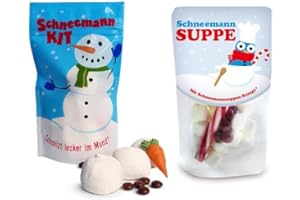 ‎LIEBESKUMMERPILLEN Liebeskummerpillen Schneemann-Baukit & Herzliche Schneemannsuppe, Bau dein eigenes Winterwunder mit 3 Schneebällen, 1 Möhrennase, Knöpfen und 26 g Marshmallows, Ideal zum füllen von Adventskalendern