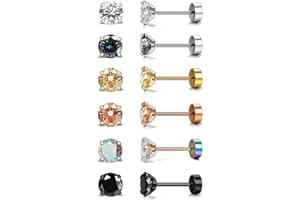 Diamday 6 paires de clous d'oreilles en acier inoxydable 20G pour femmes hommes filles Tragus CZ, dos plat, boucles d'oreilles à vis Helix, bijoux de piercing hypoallergéniques