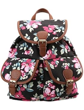 Even&Odd Rucksack Damen mit längenverstellbaren Schultergurten - Backpack mit Handyfach in Schwarz Pink geblümt...