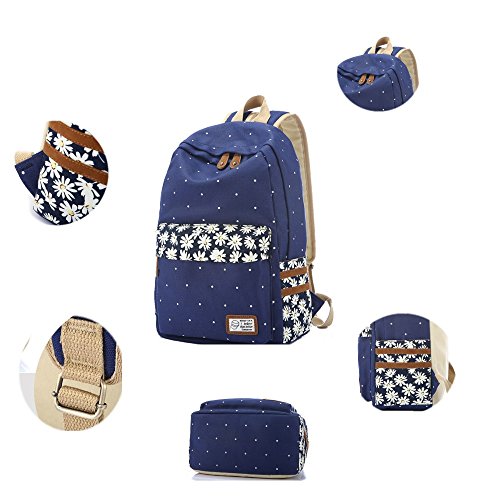 Evay Canvas Rucksack Retro Vintage Stil Bunte Polka Dot Daisy Blume Schulrucks  cke Schule Tasche f  r Damen und Herren Leichte Niedlichen Wasserdicht