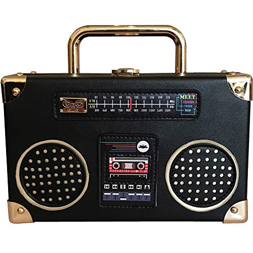 Preisvergleich Produktbild RKY Umhängetasche - Kunstleder, kreative Retro Schwarze Tonbandgerät-Handtasche Persönlichkeit Kette Schulter beiläufig kleine quadratische Tasche - 20.5X12.5X6.5cm / -