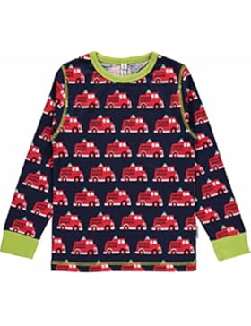 MAXOMORRA Jungen T-Shirt Langarm Blau Feuerwehr Truck Bio Gots