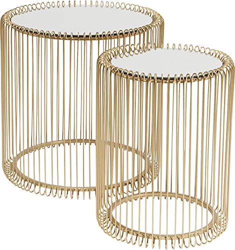 KARE Design Beistelltisch Wire Gold 2er Set, runder, moderner Glastisch, kleiner Couchtisch, Kaffeetisch, Nachttisch, Gold (H/B/T) 42,5xØ32,5cm & 45xØ44cm