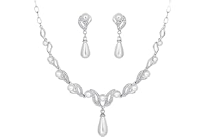 Deyanse Bridal Jewellery Sets, Wedding Jewellery Sets for Brides, Pearls and Rhinestone Necklace & Dangle Earrings Set, Elegant Perfect Women's Jewellery sets for Wedding, Prom or Bridesmaid Gifts