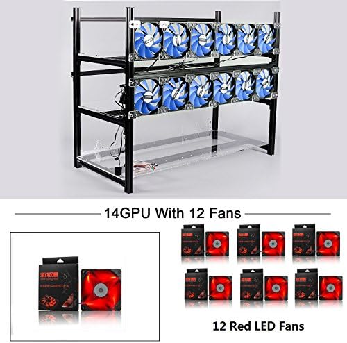 14 GPU Mining Rig Aluminum Stackable Case With 12 LED Fans Open Air Frame Miner Kit For ETH/ZEC/Bitcoin/Decred/Z Cash (Black-RF)