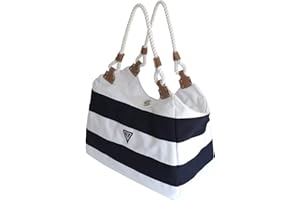WildStage XL Strandtasche mit Reißverschluss - 45 x 24 x 36 cm - Hochwertige Schultertasche mit Innentasche - Saunatasche - Umhängetasche - Tragetasche - Damen Shopper - (Diamant, Blau und Weiß)