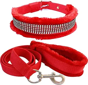 PEDIGONE Dog Belt Combo of Nylon Red Fur Padded Dog Collar with Soft Handle Fur Padded Dog Leash for All Breeds of Dog Collar Leash (Large)