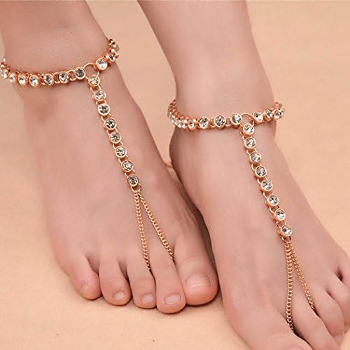 Chicer Crystal Anklet Bracelet Foot Chain Accessories Barefoot Sandal Beach Jewellery with Toe Ring Adjustable for Women and Girls (Gold 1pc)