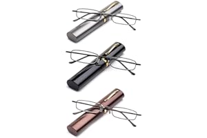 MMOWW 3 pares de gafas de lectura ultrafinas con forma de bolígrafo, con bisagras de resorte, lectores pequeños para hombres y mujeres, portalápices portátil (negro+marrón+gris, 2.00)