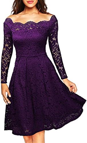 Nergivep Cocktail Dresses For Wedding Floral Lace Long Sleeve Boat Neck Swing Dress L Purple
