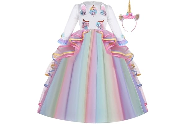 MYRISAM Princesse Fille Licorne Déguisement Manches Longues Robe de Anniversaire Cérémonie Soirée Halloween Carnaval Noël Fête Spectacle Mariage Longue en Tulle Robes Bal avec Bandeau