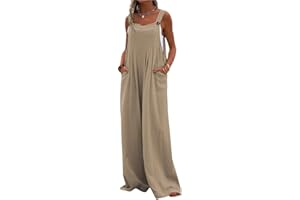 PADOLA Salopette Lin Femme Combinaison Boheme Salopette ete Fluide Large Vintage Overalls avec Poche Tenue Ample Jumpsuit sans Manches