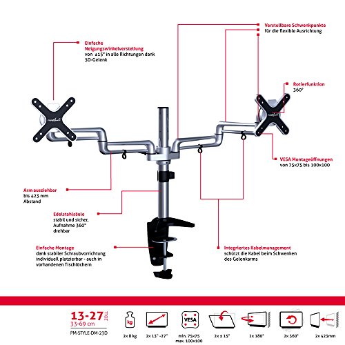 PureMounts PM-STYLE-DM-23D Schreibtisch Halterung für 2 Monitore bis 71cm (28 Zoll), schwenkbar, neigbar, drehbar VESA 100, Armlänge: 2x32cm - 6