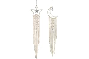 Shiwaki 2pcs Macrame Wall Hanging Star Moon Dream Catcher Tapestry Bohemian Home Decor Handmade Woven Decoration for Room Home Wedding Ornament Craft Gift(Beige)